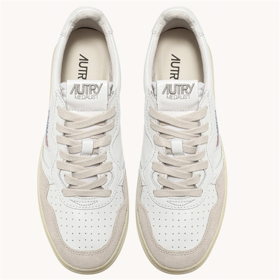 Autry Medalist Low Sneakers, White Leather & Beige Suede 